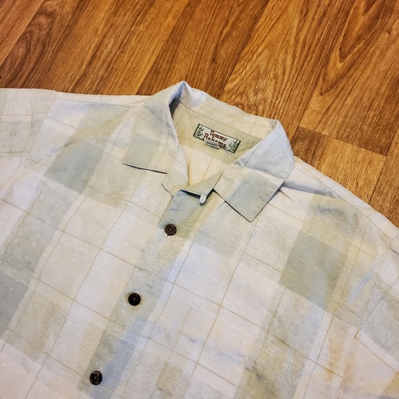 Vintage Tommy Bahama Hawaiian Silk Shirt Men Medium Beige Plaid Loop Collar - Picture 1 of 9